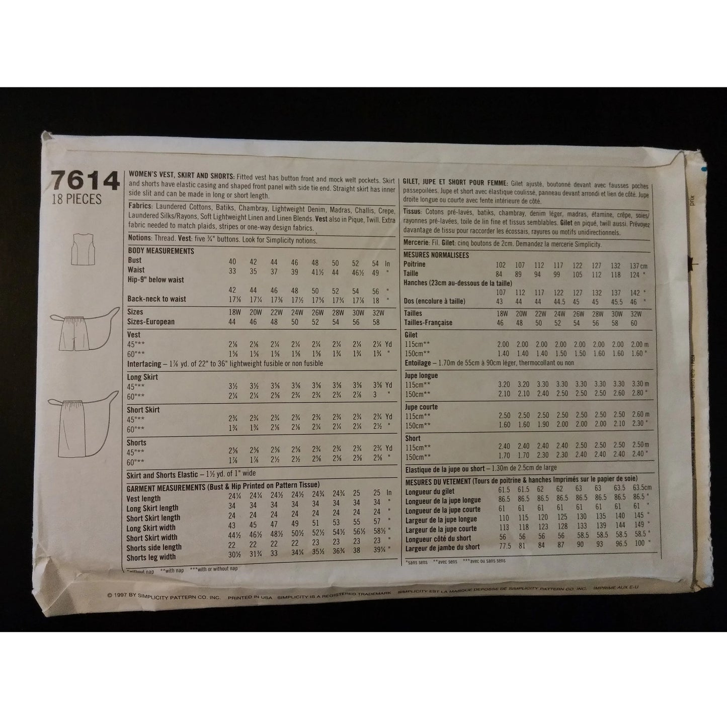 Simplicity 7614 (18W-24W) women's vest, skirt, and shorts pattern, uncut