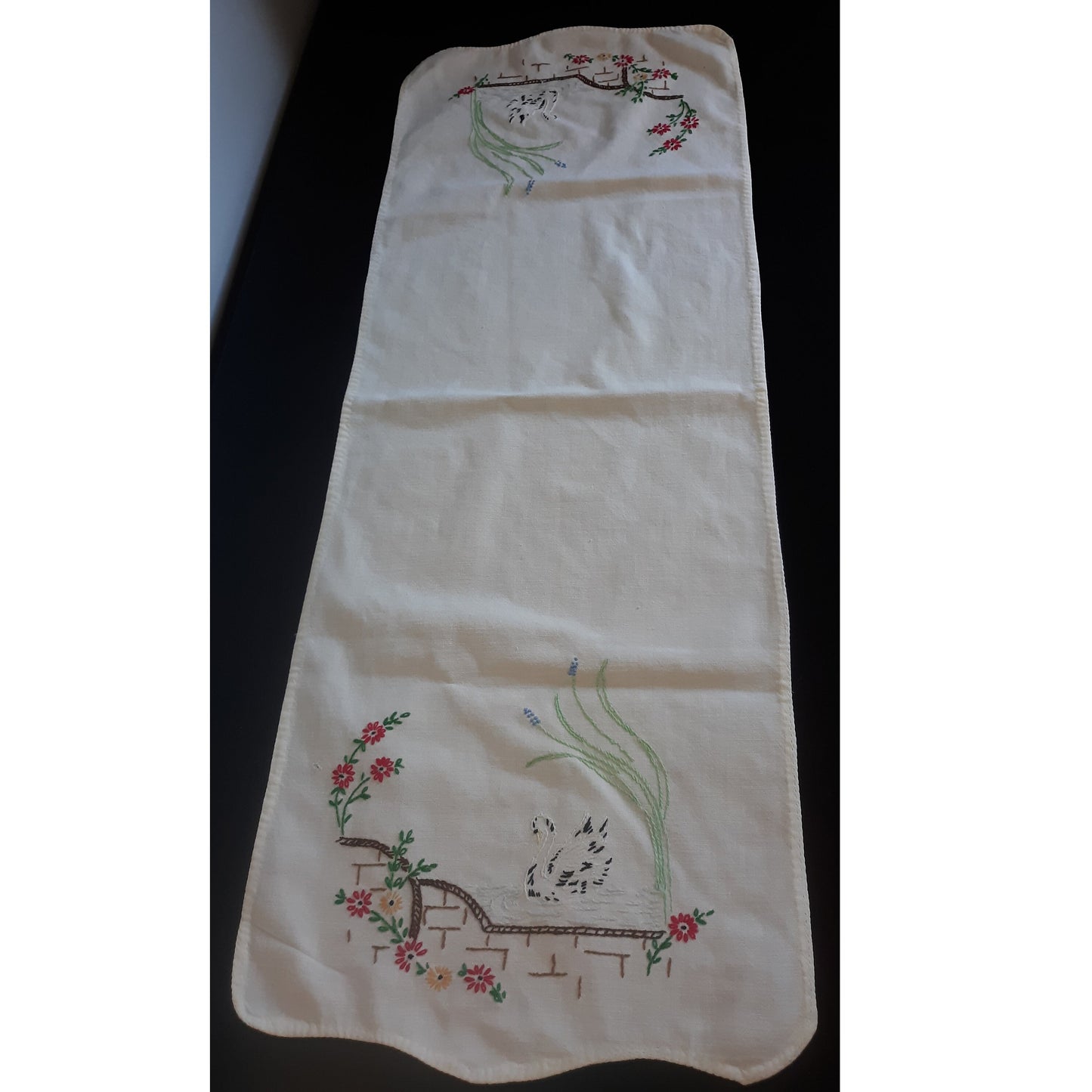 Swan Scene Vintage Table Runner or Dresser Scarf