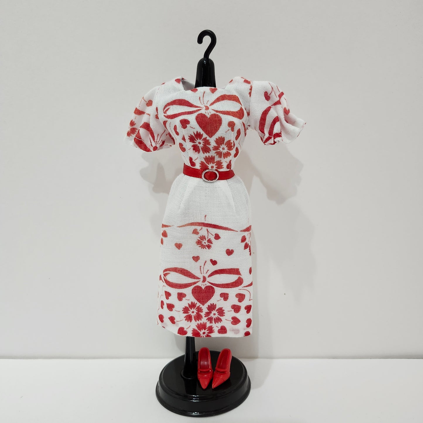 Red Hearts and Bows Dress for 11 1/2" fashion dolls, vintage hankie