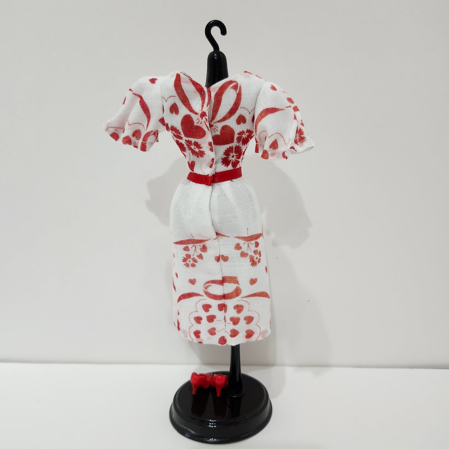 Red Hearts and Bows Dress for 11 1/2" fashion dolls, vintage hankie