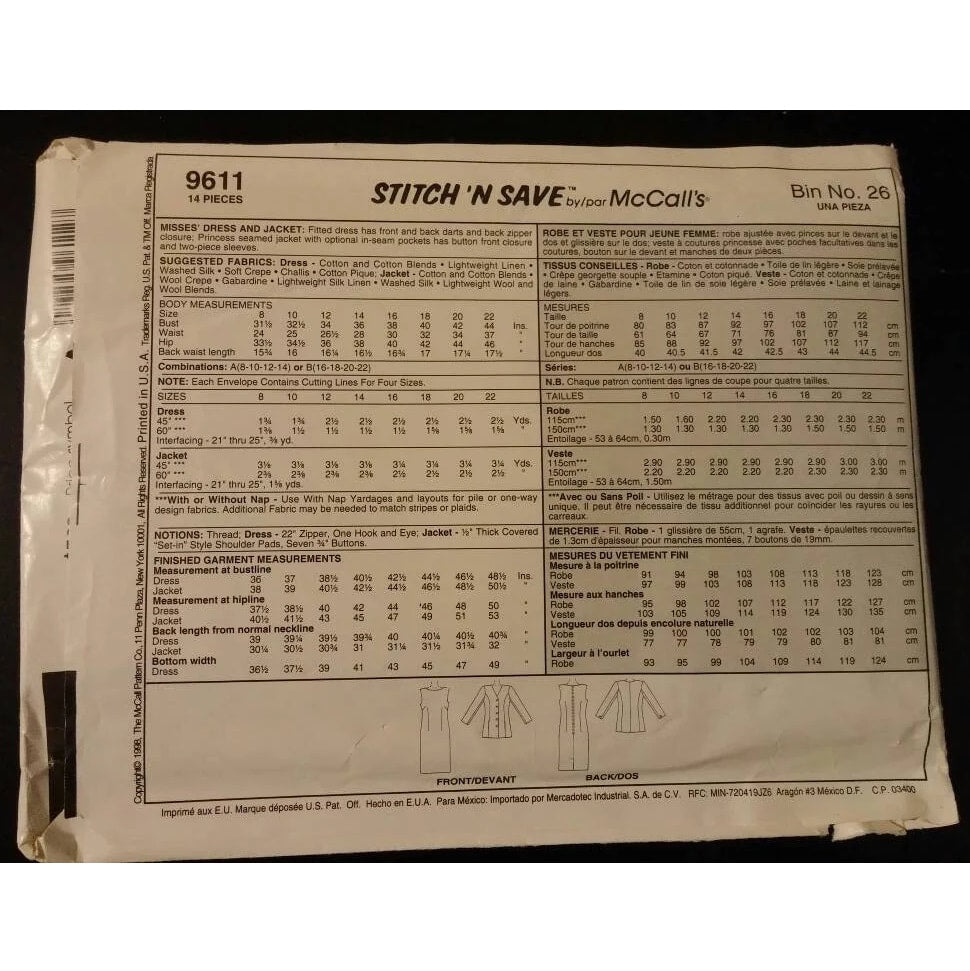 Easy Stitch 'n Save by McCall's 9611 (16-18-20-22) dress and jacket pattern, uncut