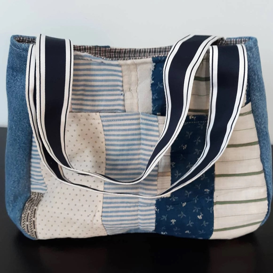 Resurrected Tote Style Handbag from Vintage Quilt and Upcycled Blue Jeans