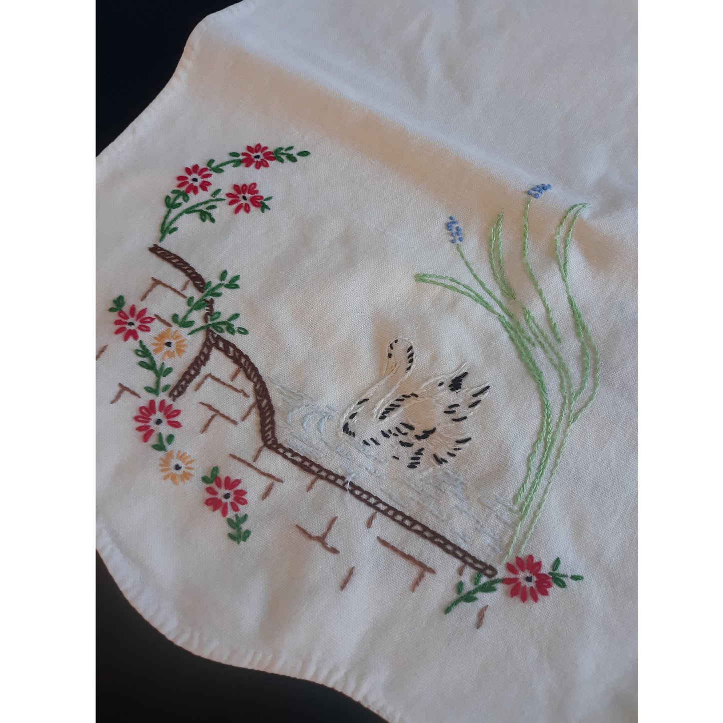 Swan Scene Vintage Table Runner or Dresser Scarf