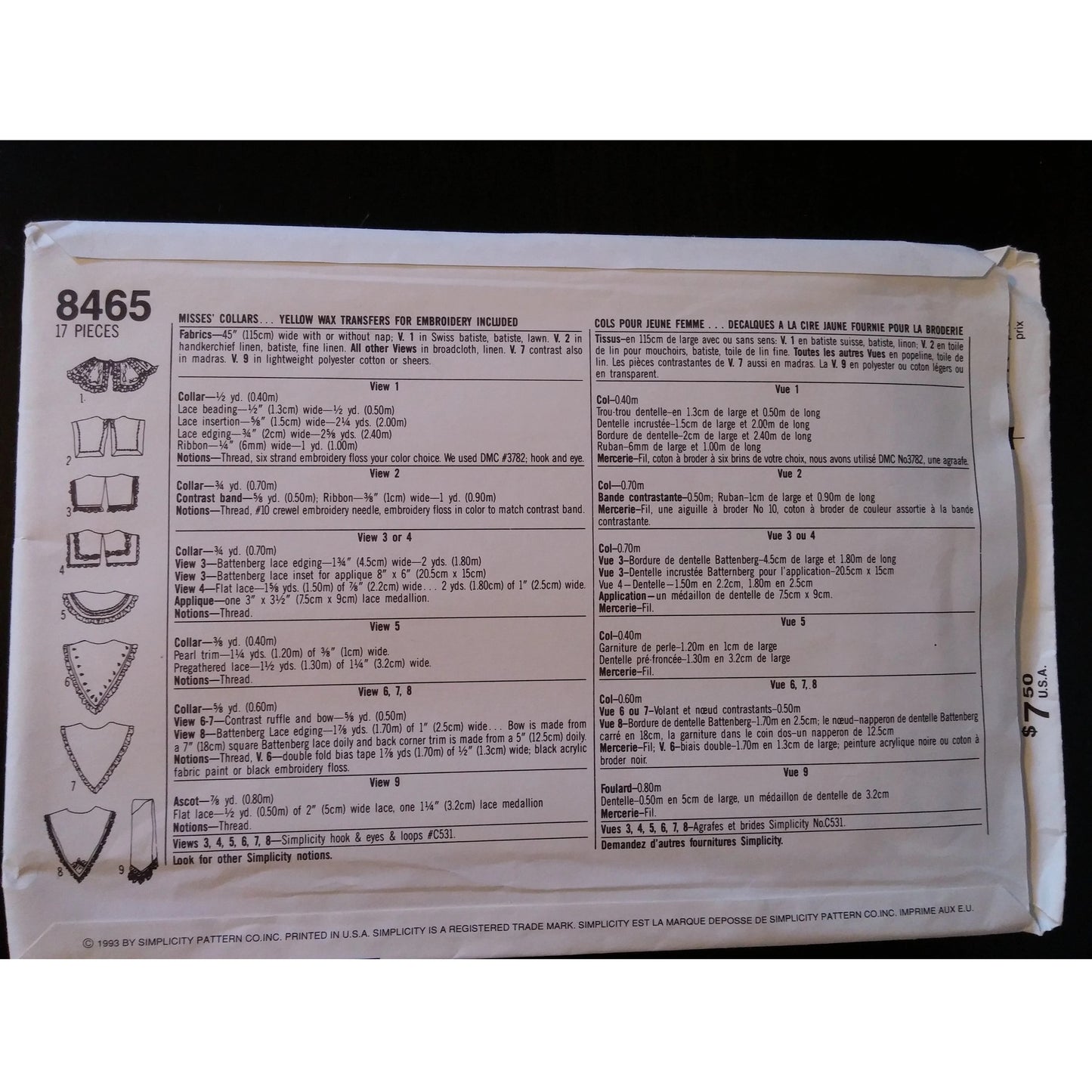 Simplicity Crafts 8465 misses collars pattern, uncut