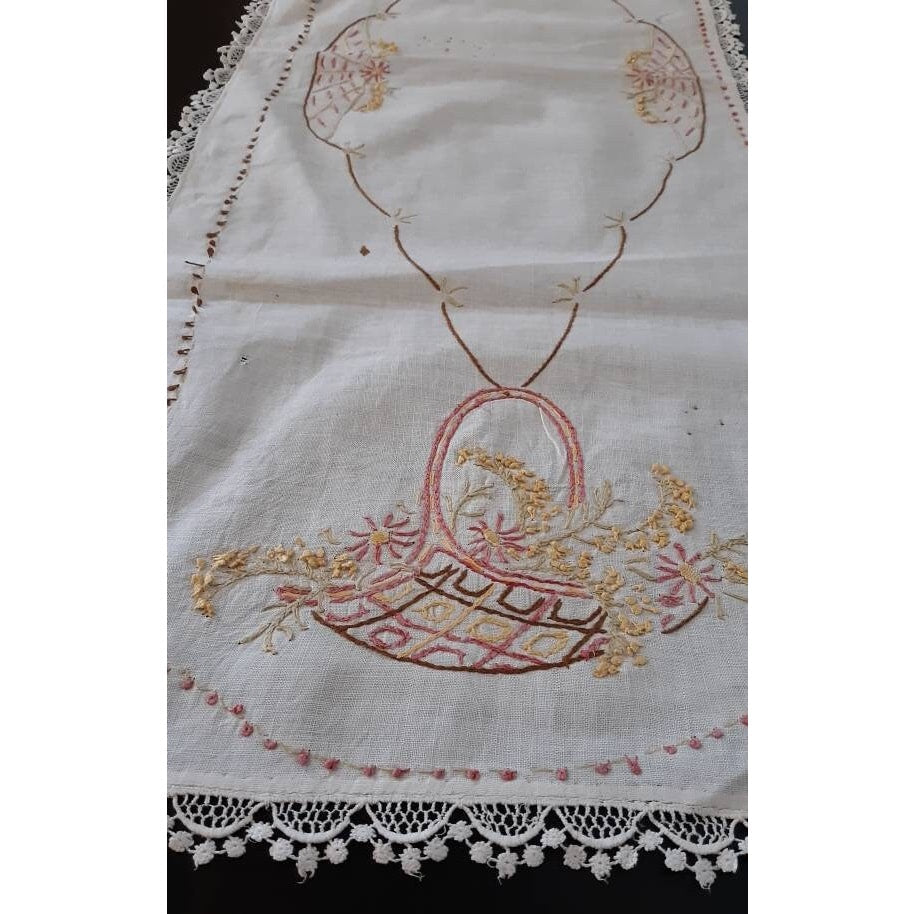 Vintage Autumn Toned Embroidered Table Runner/Dresser Scarf