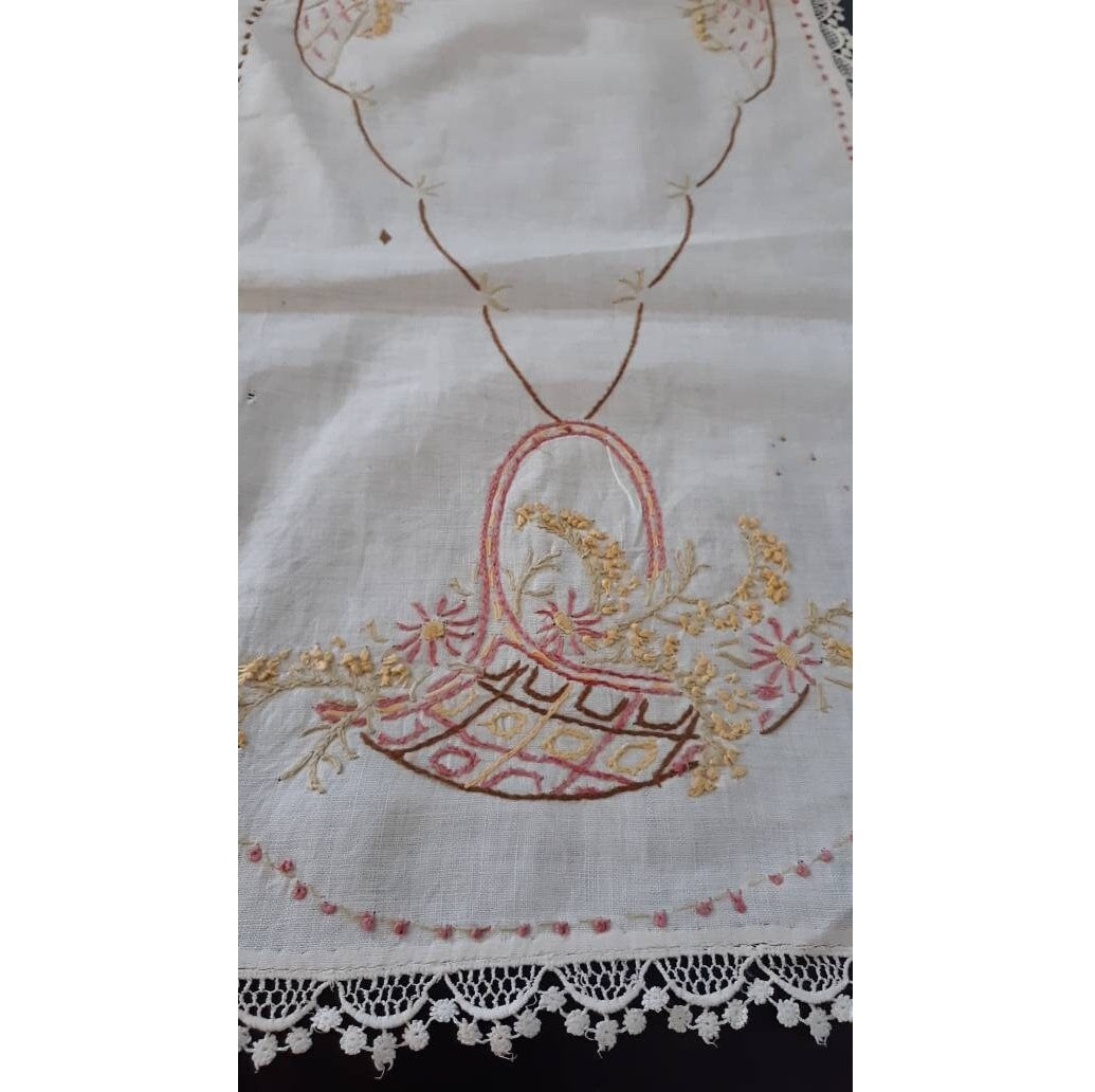 Vintage Autumn Toned Embroidered Table Runner/Dresser Scarf