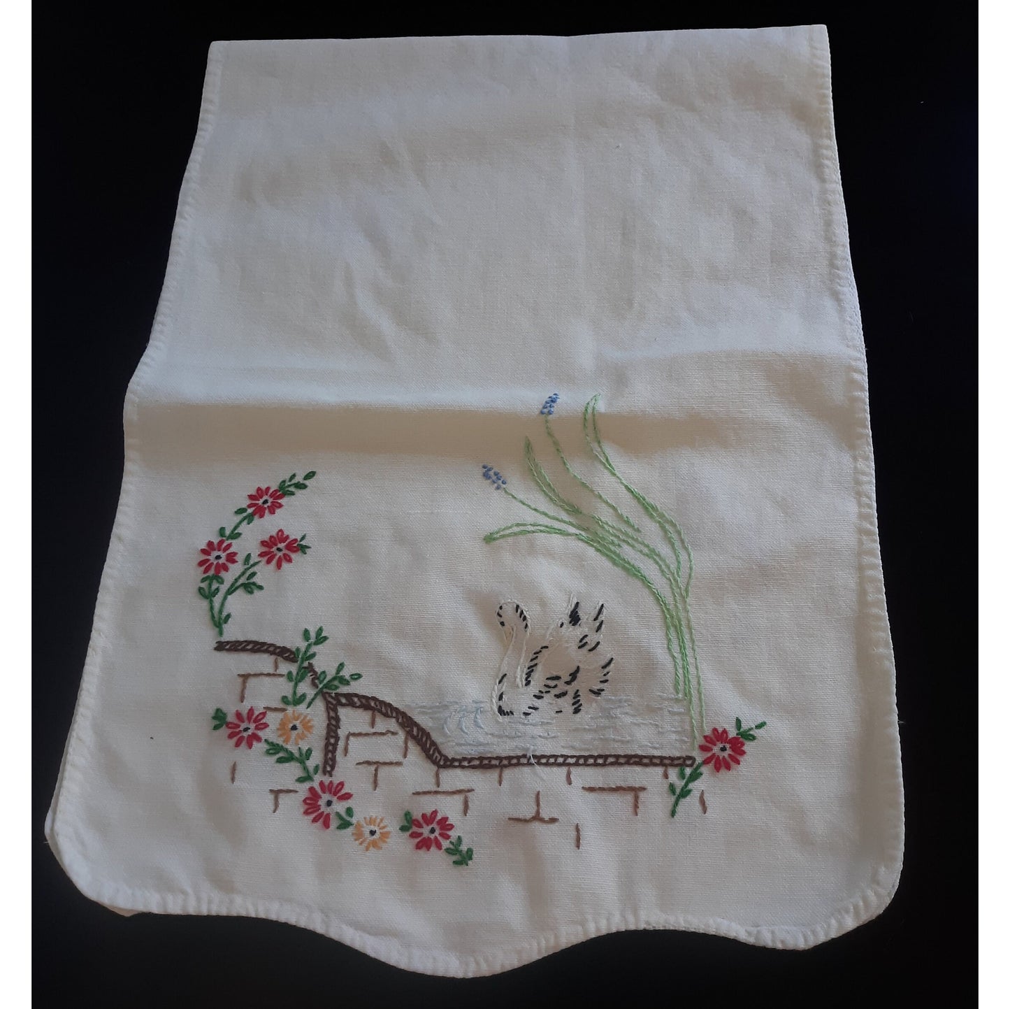 Swan Scene Vintage Table Runner or Dresser Scarf
