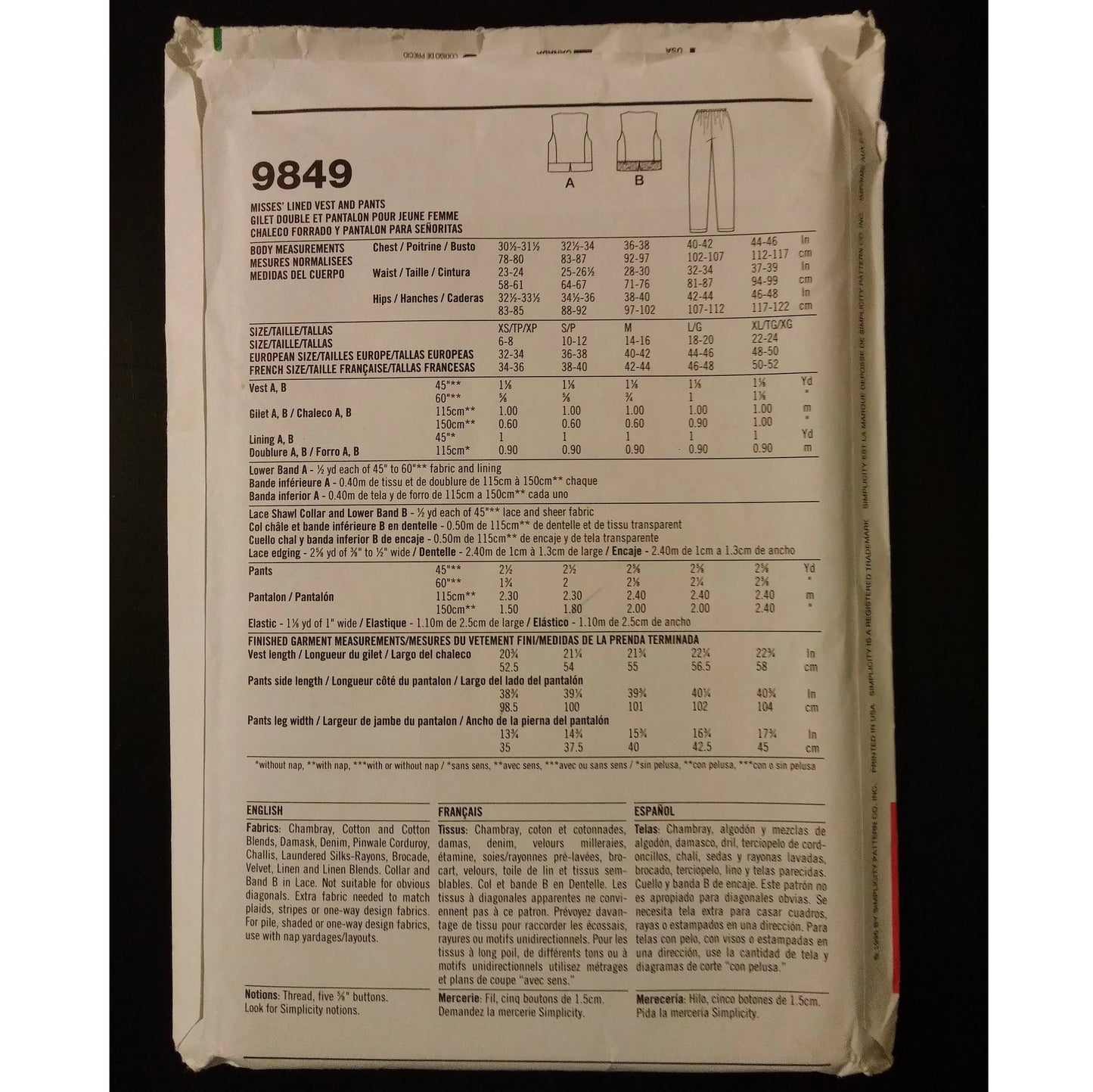 Easy Simplicity 9849 (XS,S,M,L,XL) vest and pants pattern, uncut