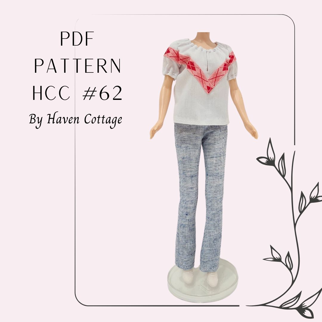 HCC #62 PDF Pattern for 11 1/2" female fashion doll, peasant style blouse and flare leg pants