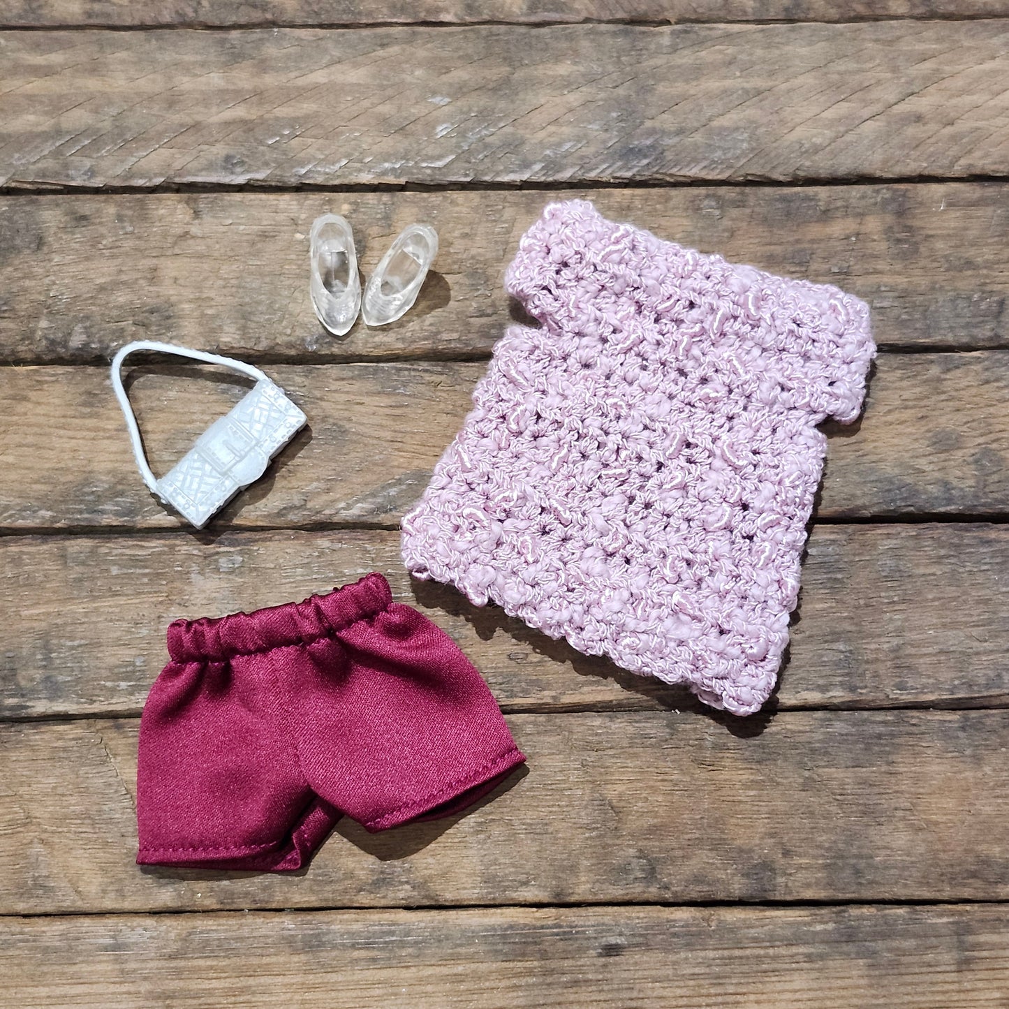 Hand Crocheted Sweater and Satin Shorts Outfit for 11 1/2" female fashion dolls