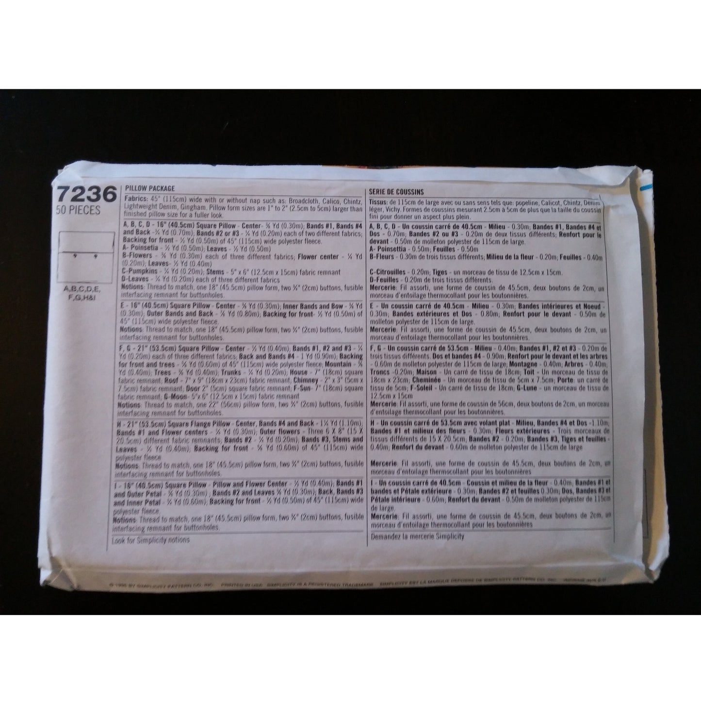 Simplicity Home Decorating 7236 pillow package pattern, uncut