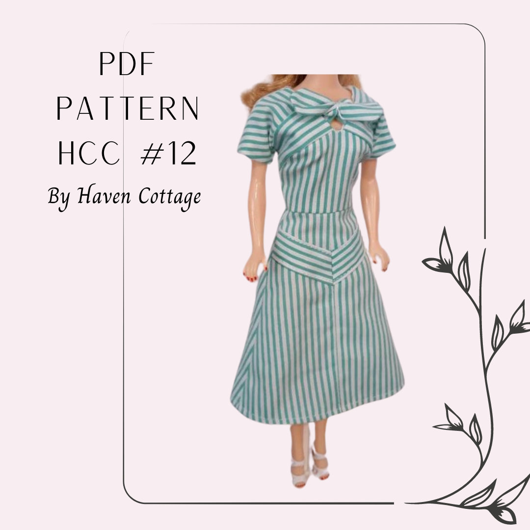 HCC #12 PDF Pattern for 11 1/2" female fashion doll, v trim dress with front bow