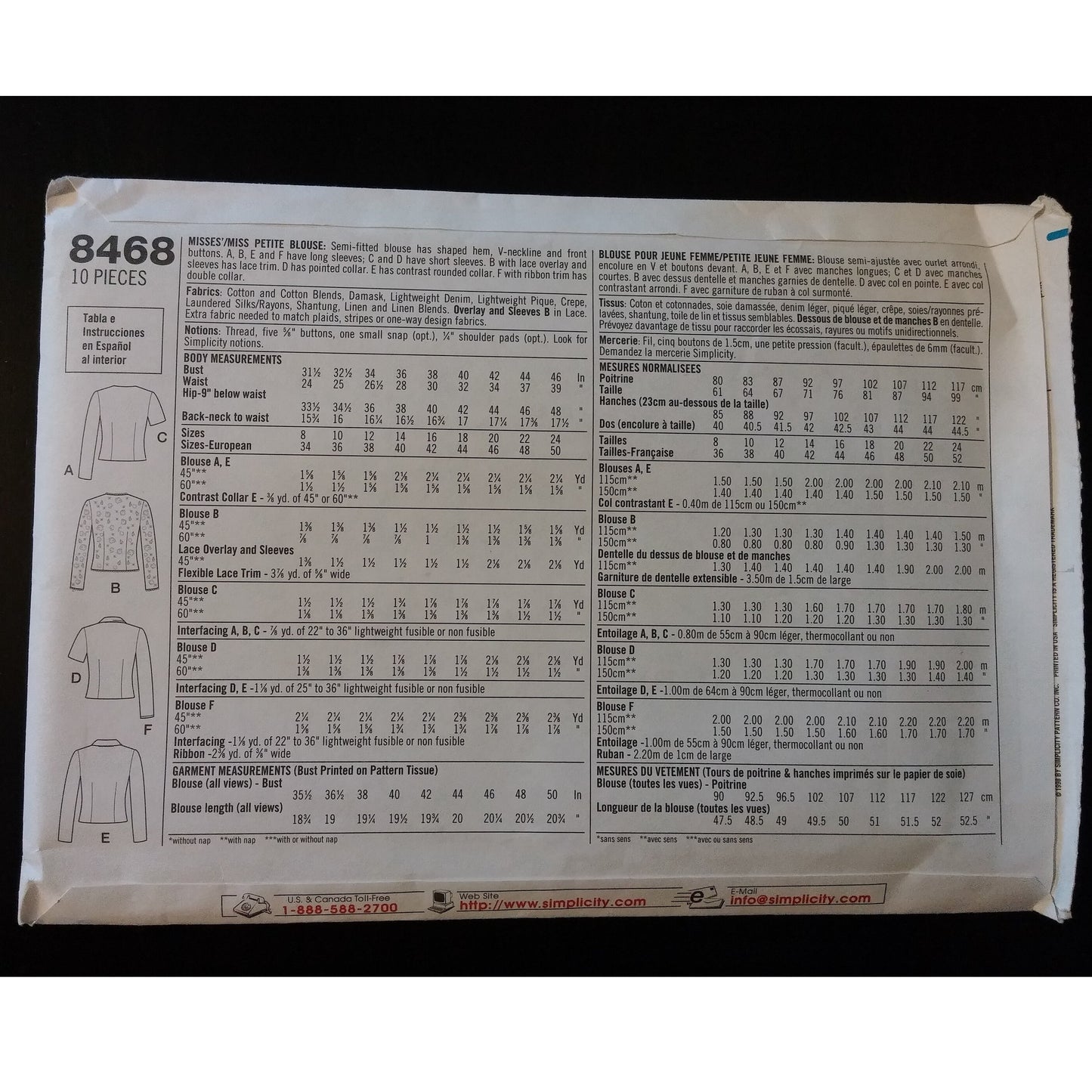 Simplicity 8468 (20-22-24) misses'/petite blouse pattern, uncut