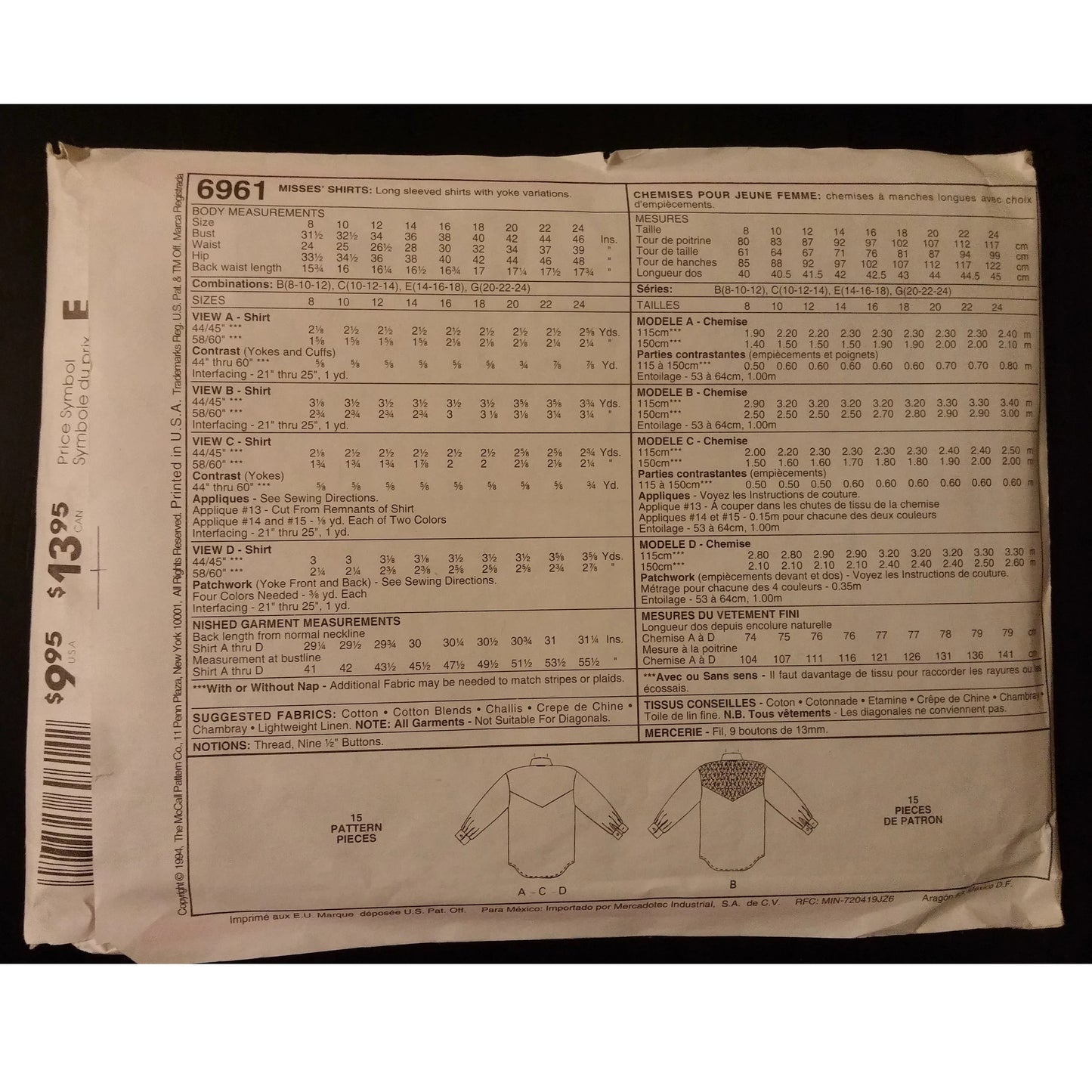 McCall's 6961 (20-22-24) misses' shirt pattern, uncut