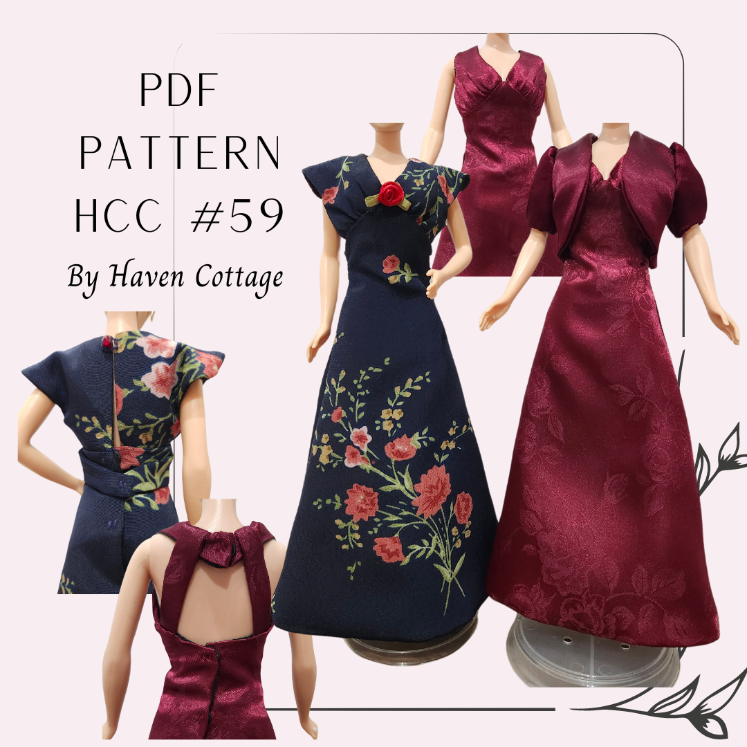 HCC #59 PDF Pattern for 11 1/2" female fashion doll, 1930's Inspired Evening Gown in 2 styles, plus jacket