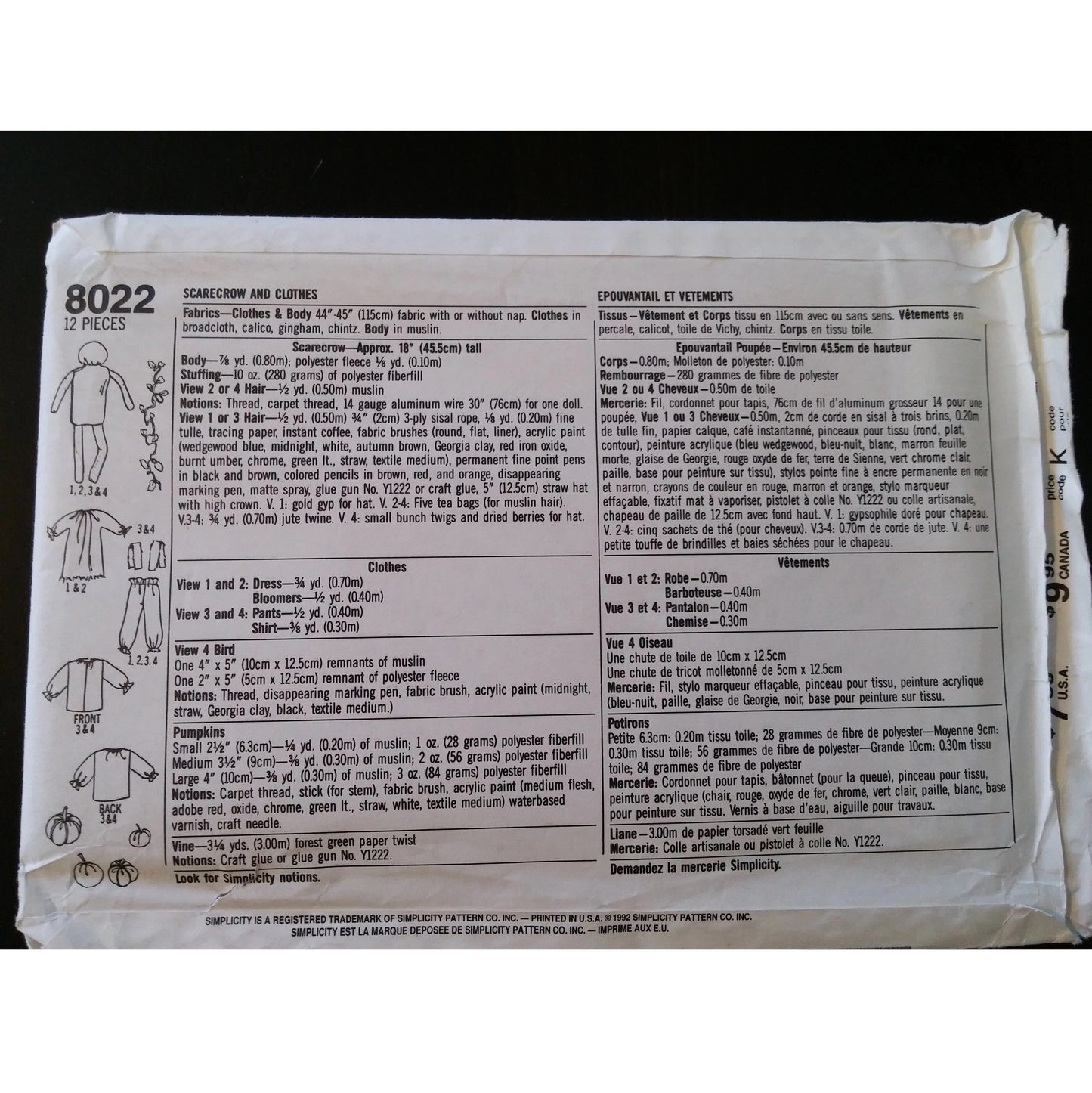 Simplicity Crafts 8022 scarecrow and clothes pattern, uncut