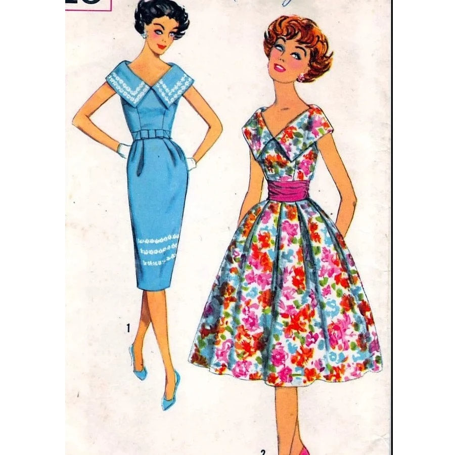 HCC #28 PDF Pattern for 11 1/2" female fashion doll, dress with large portrait collar and pleated or slim skirt, cummerbund belt
