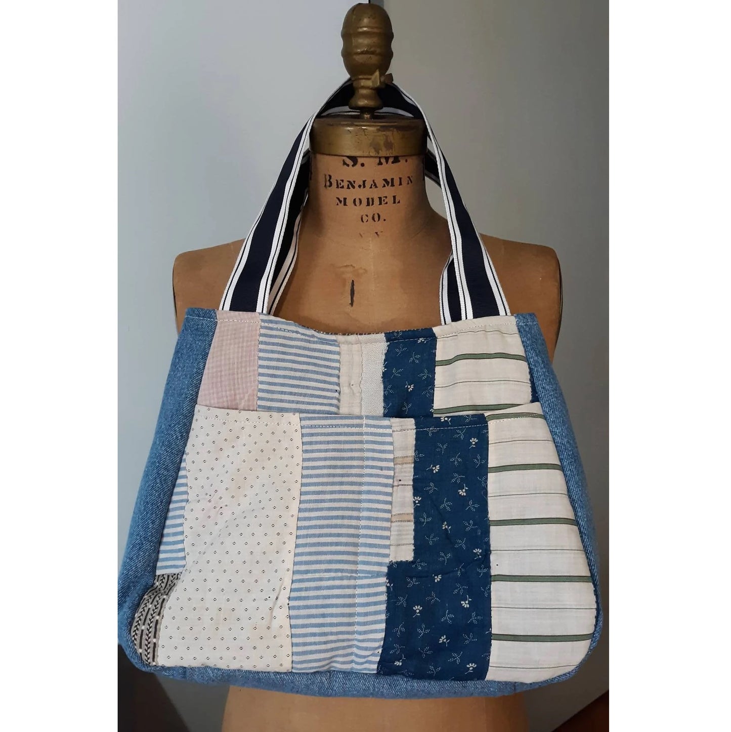 Resurrected Tote Style Handbag from Vintage Quilt and Upcycled Blue Jeans