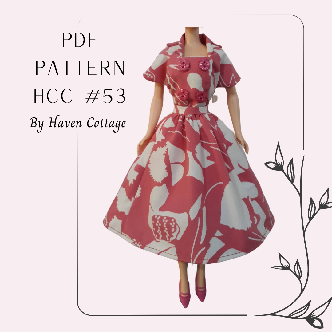 HCC #53 PDF Pattern for 11 1/2" female fashion doll, 2 piece dress