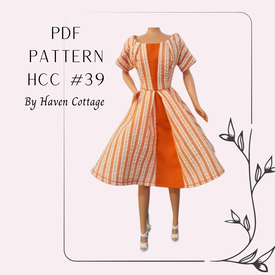 HCC #39 PDF Pattern for 11 1/2" female fashion doll, Pleat Detail Dress with Front Insets