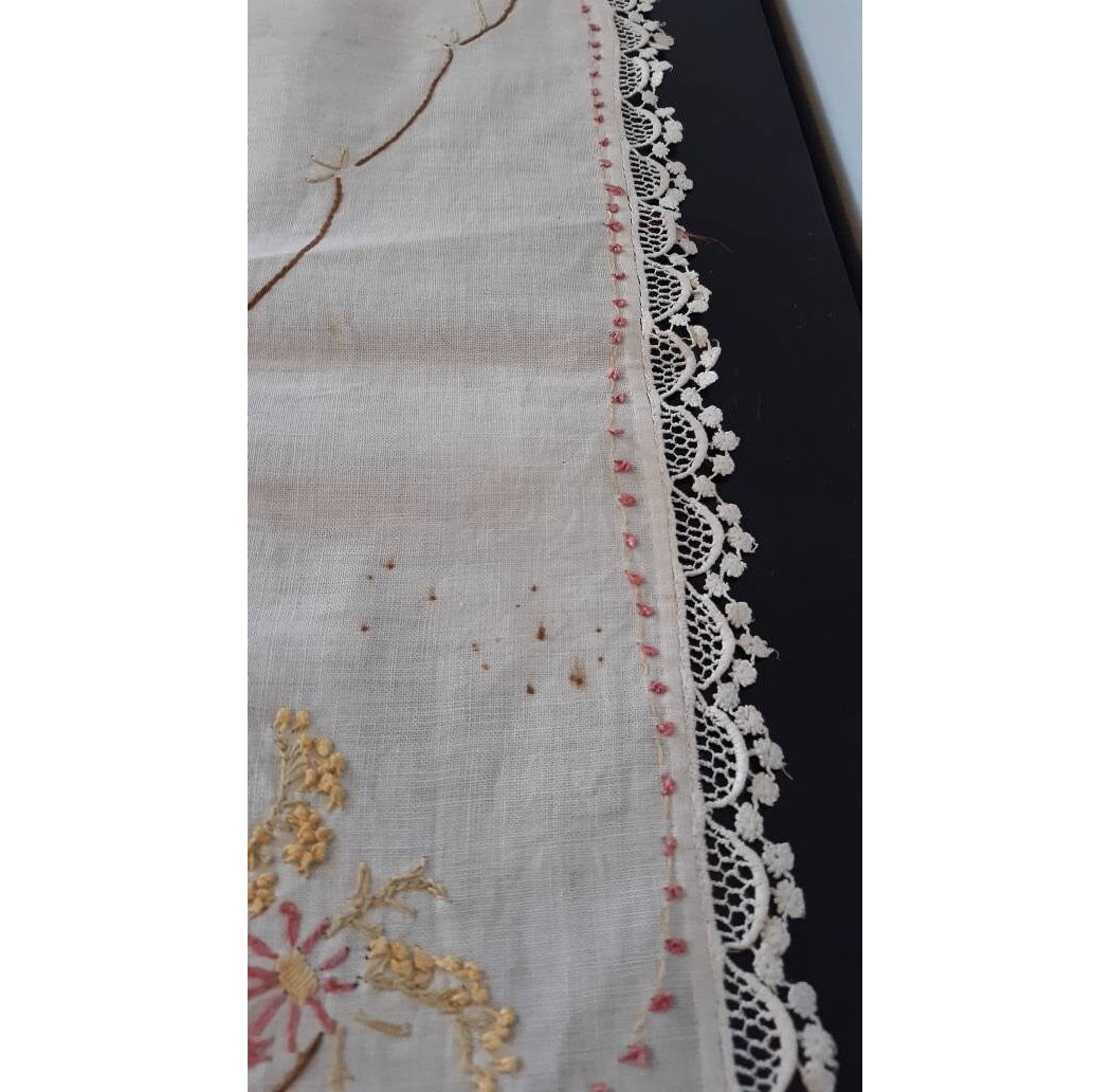 Vintage Autumn Toned Embroidered Table Runner/Dresser Scarf