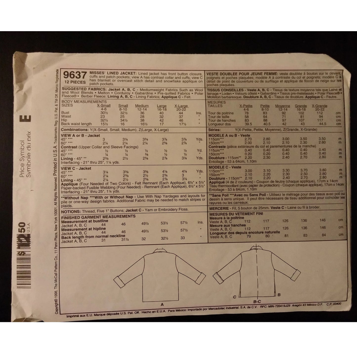 Mccall's 9637 (Lg-XL) misses lined jacket pattern, uncut