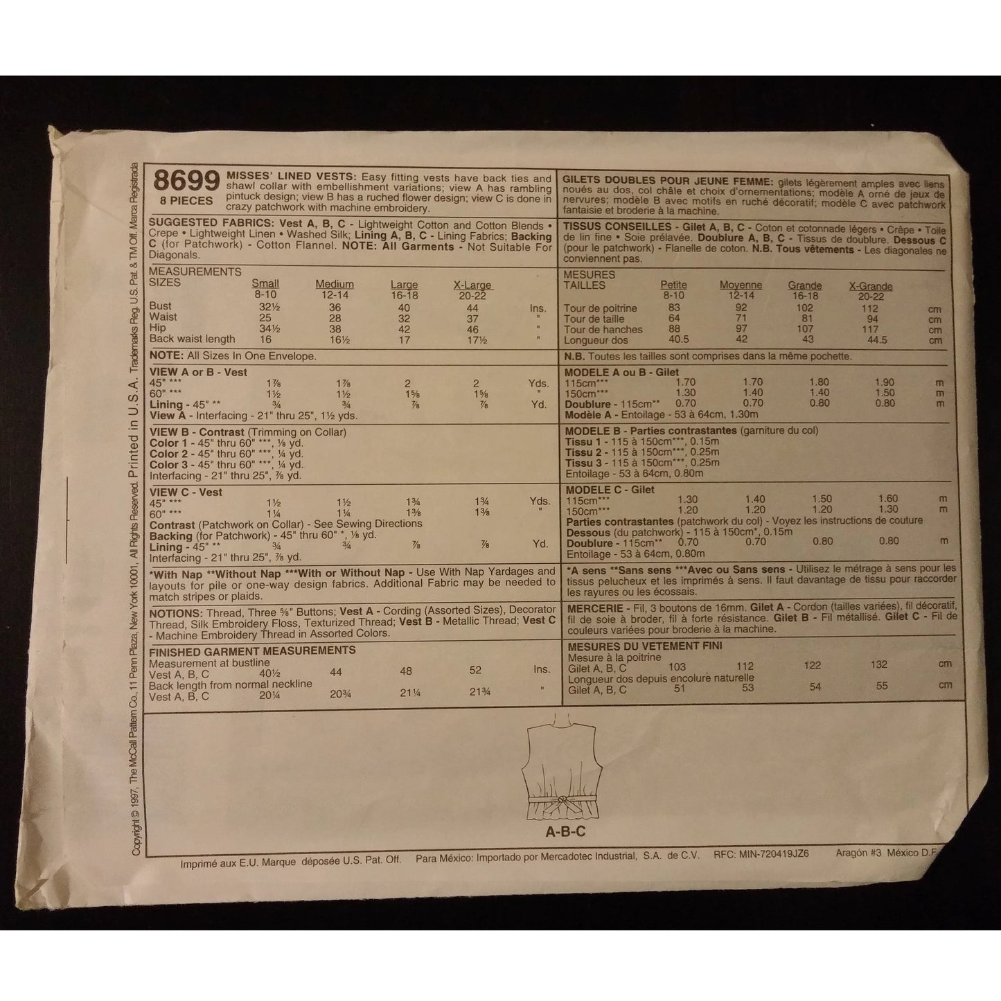Sewing With Nancy for McCalls 8699 lined vest pattern, uncut