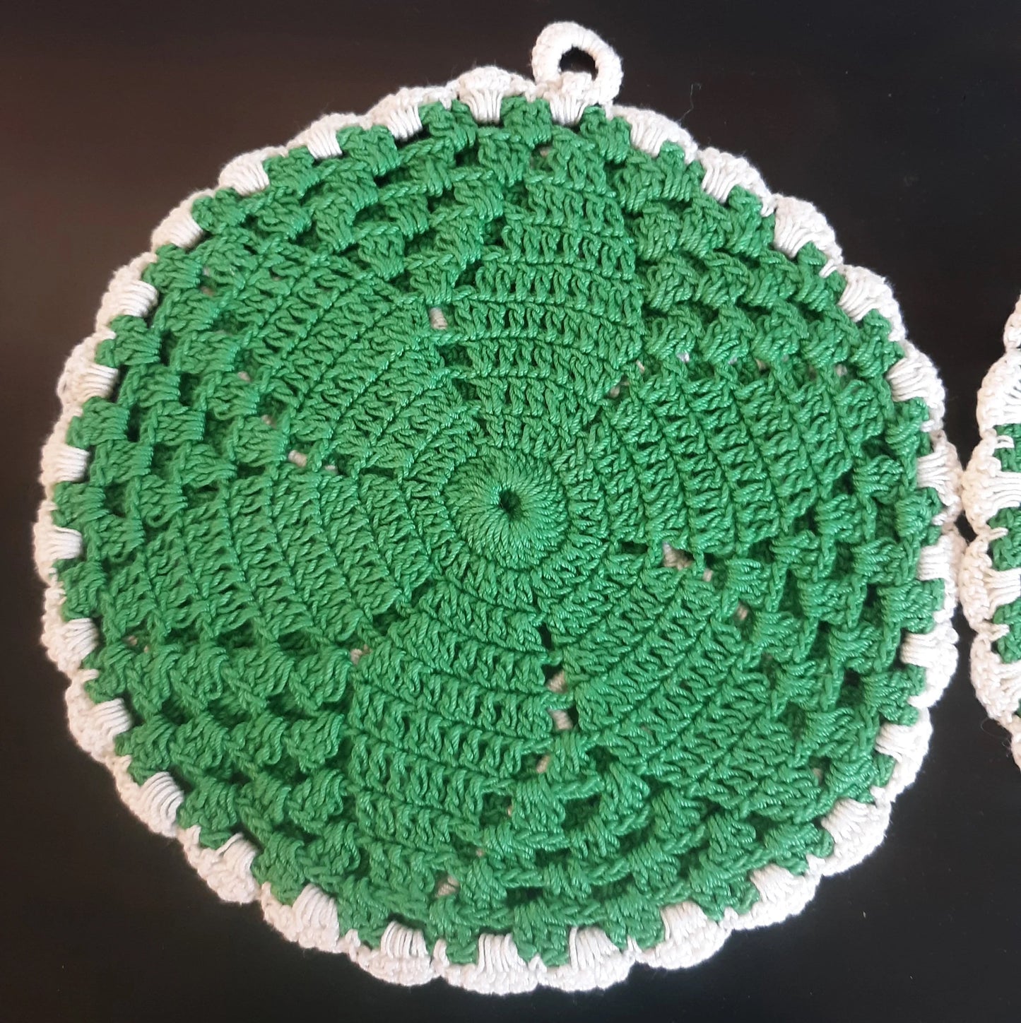 Green and White Vintage Crochet Potholders