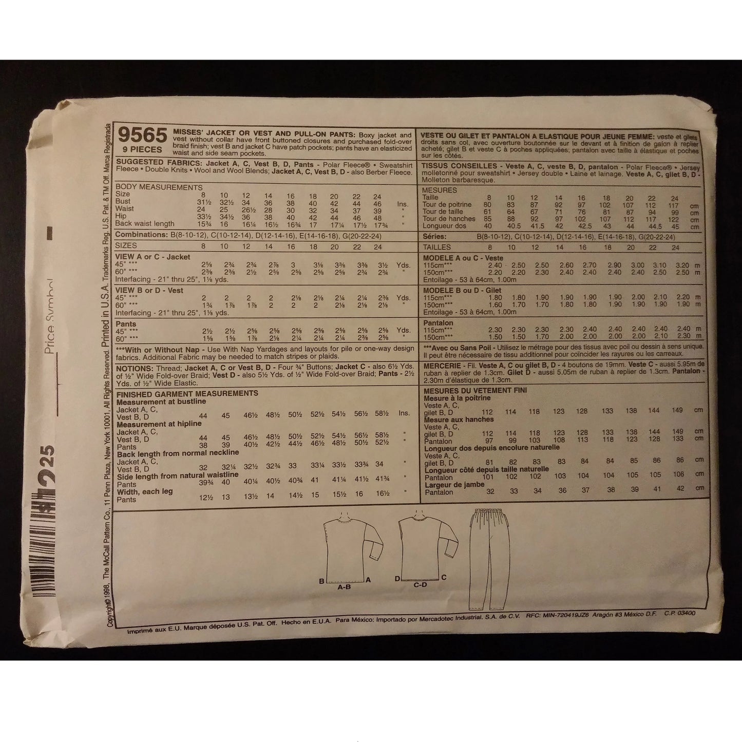 McCall's 9565 (20-22-24) misses' jacket, vest, and pants pattern, uncut