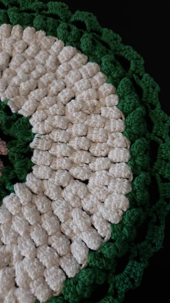 Vintage Round (8") Green and White Doily with Pink Flower Center