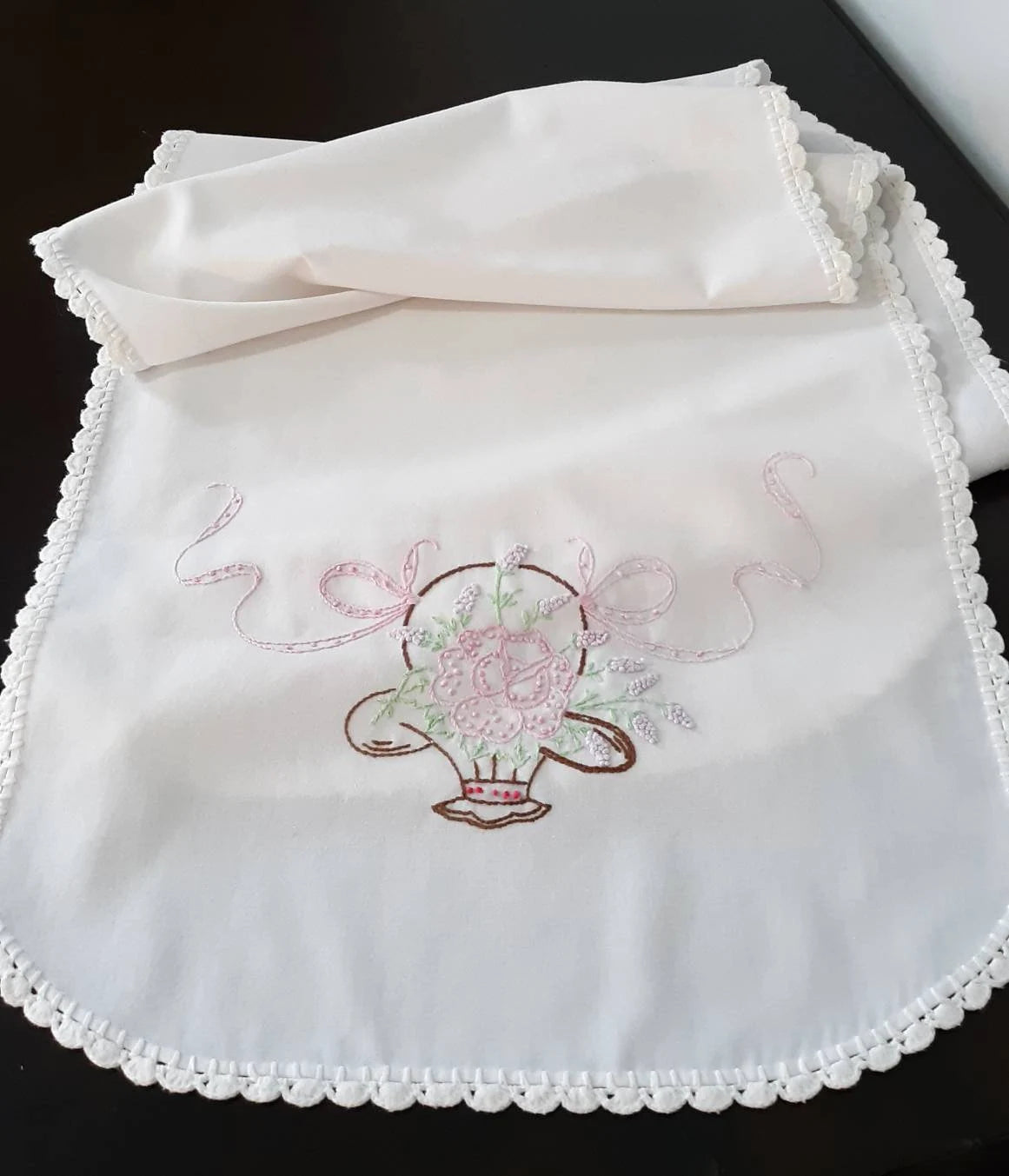 Flower basket Design Hand Stitched Table runner/ Dresser scarf