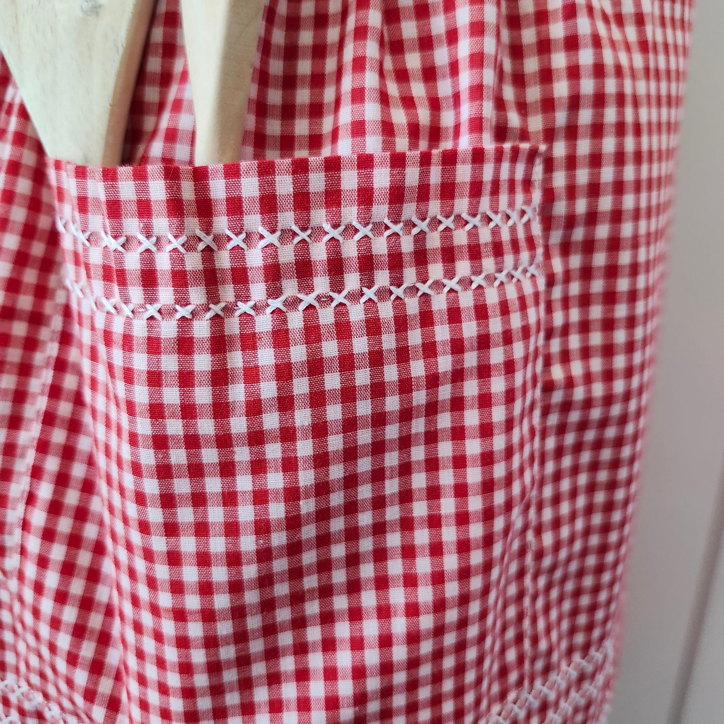Red and White Gingham Vintage Half Apron with Cross Stitched Hearts