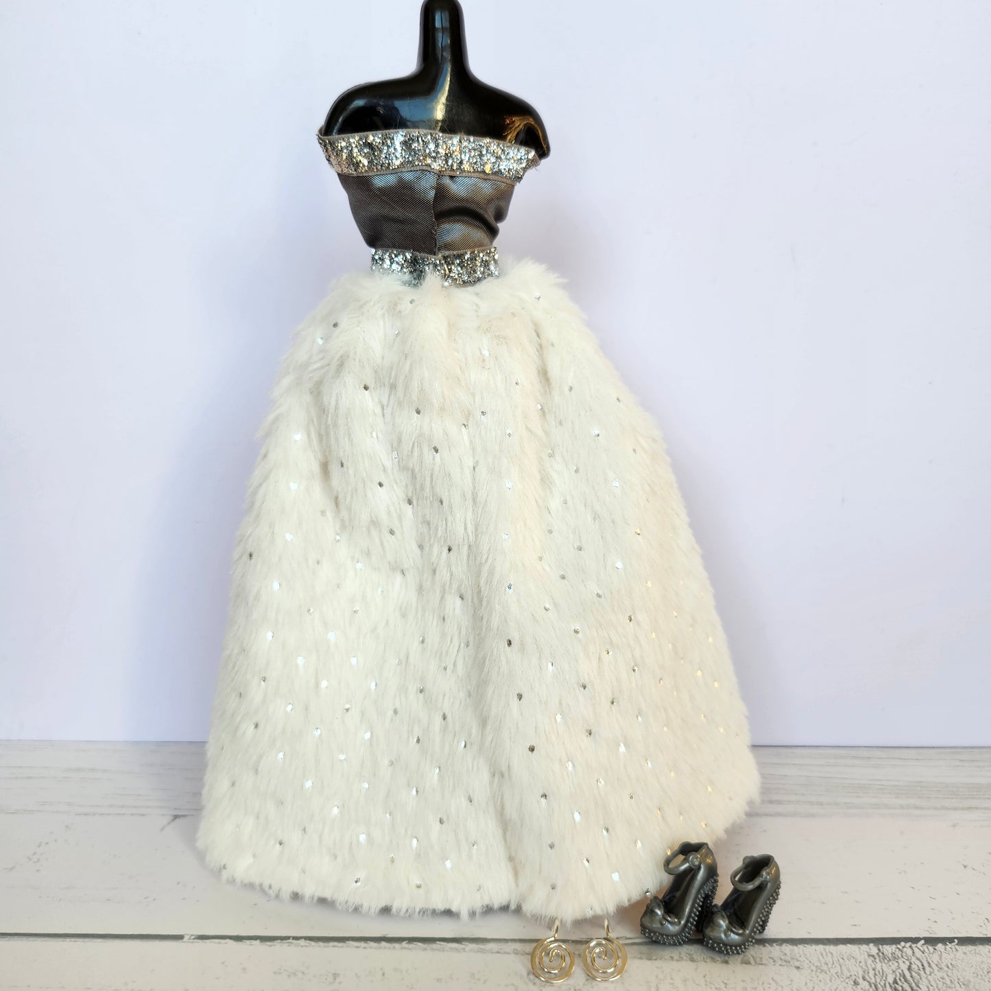 Silver and Fur Ball Gown for 11 1/2" fashion dolls
