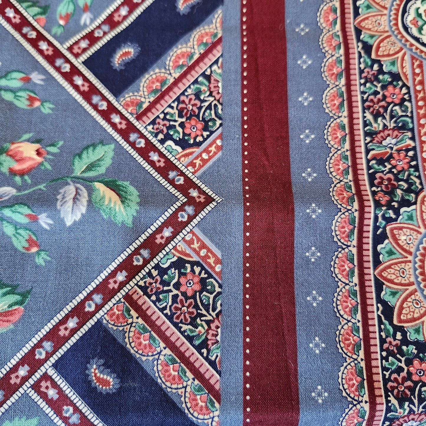 Mauve Roses on Burgundy and Blue Background Pillow Cut and Sew Panel