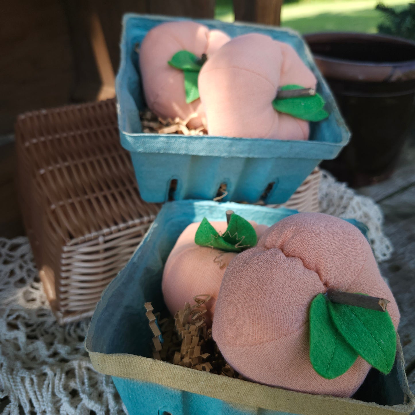 Set of 2 Handmade Fabric Peaches in a Quart Basket, vintage linens, summer decor, farmhouse