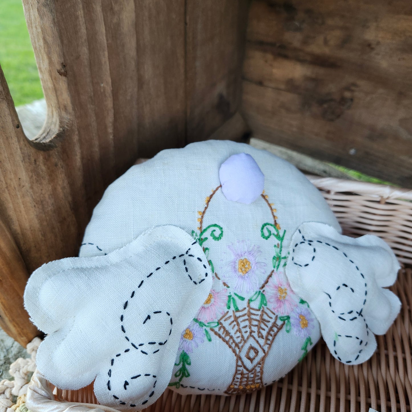 Flower Basket Bunny Butt, handmade, vintage linen