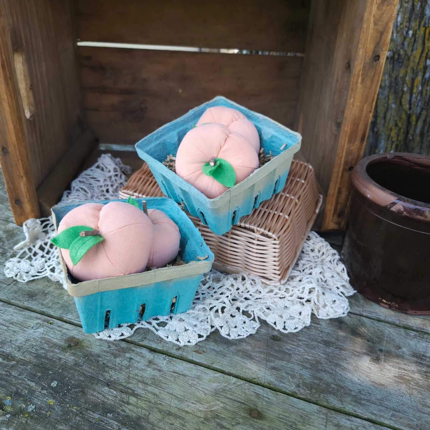 Set of 2 Handmade Fabric Peaches in a Quart Basket, vintage linens, summer decor, farmhouse