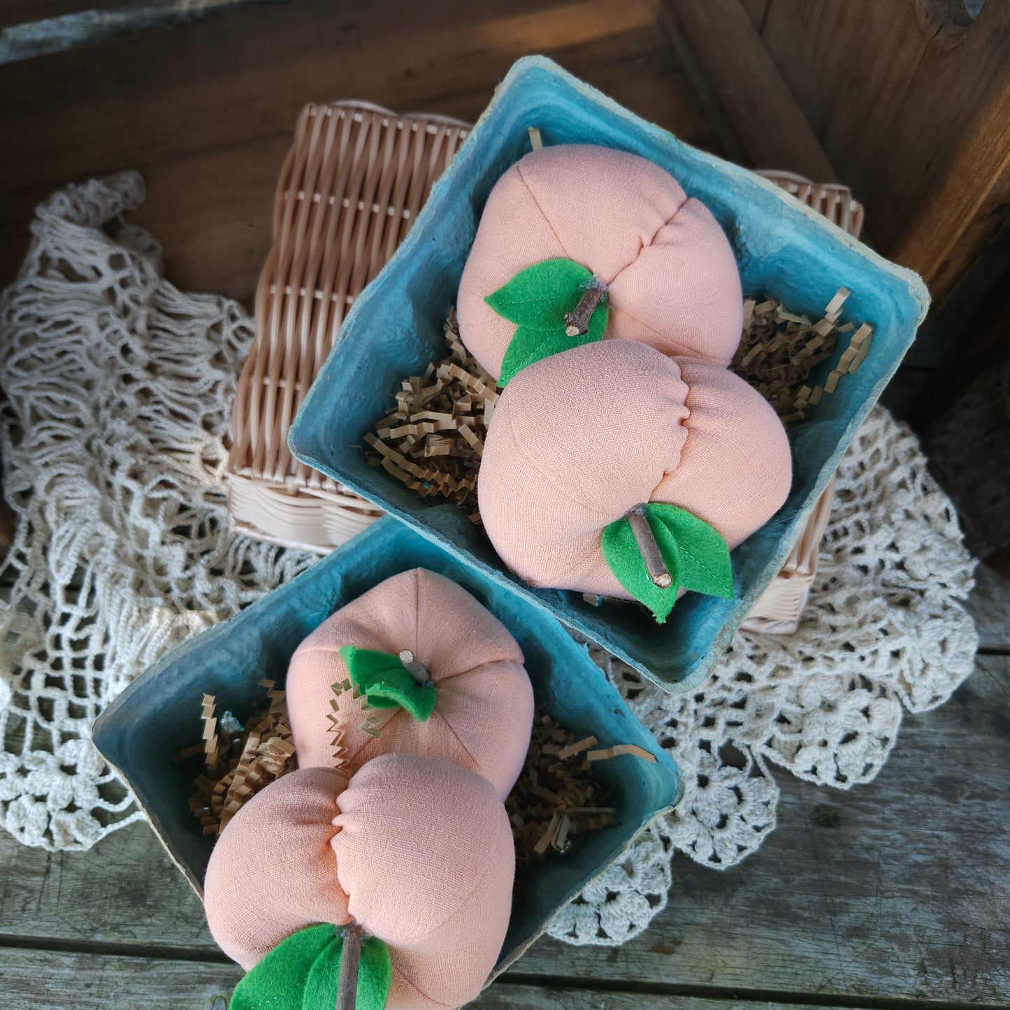 Set of 2 Handmade Fabric Peaches in a Quart Basket, vintage linens, summer decor, farmhouse