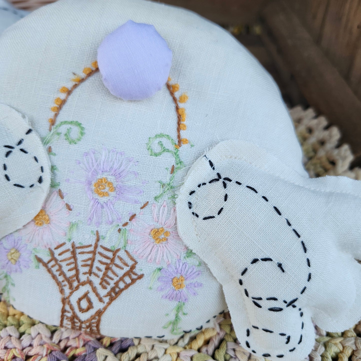 Flower Basket Bunny Butt, handmade, vintage linen