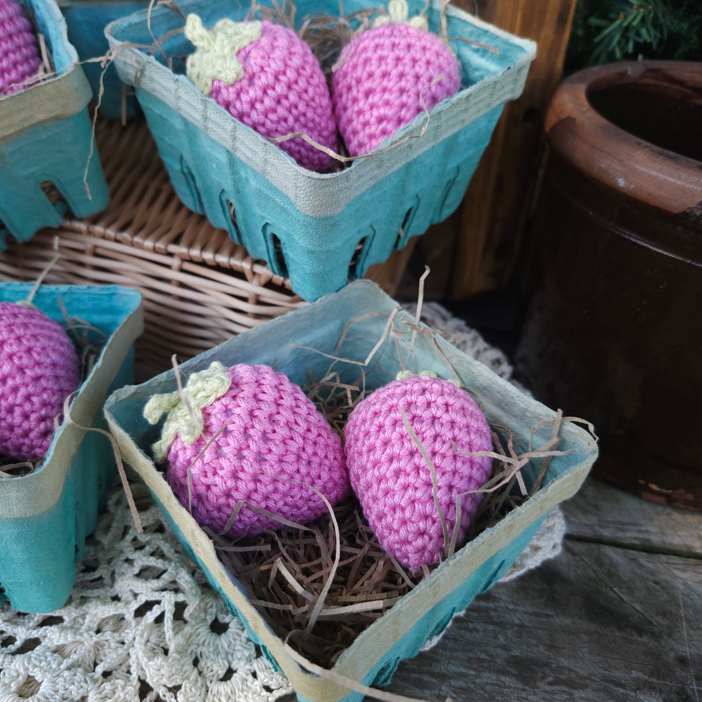 Set of 2 Handmade Crochet Strawberries in a Pint Basket, home decor, kitchen decor, farmhouse