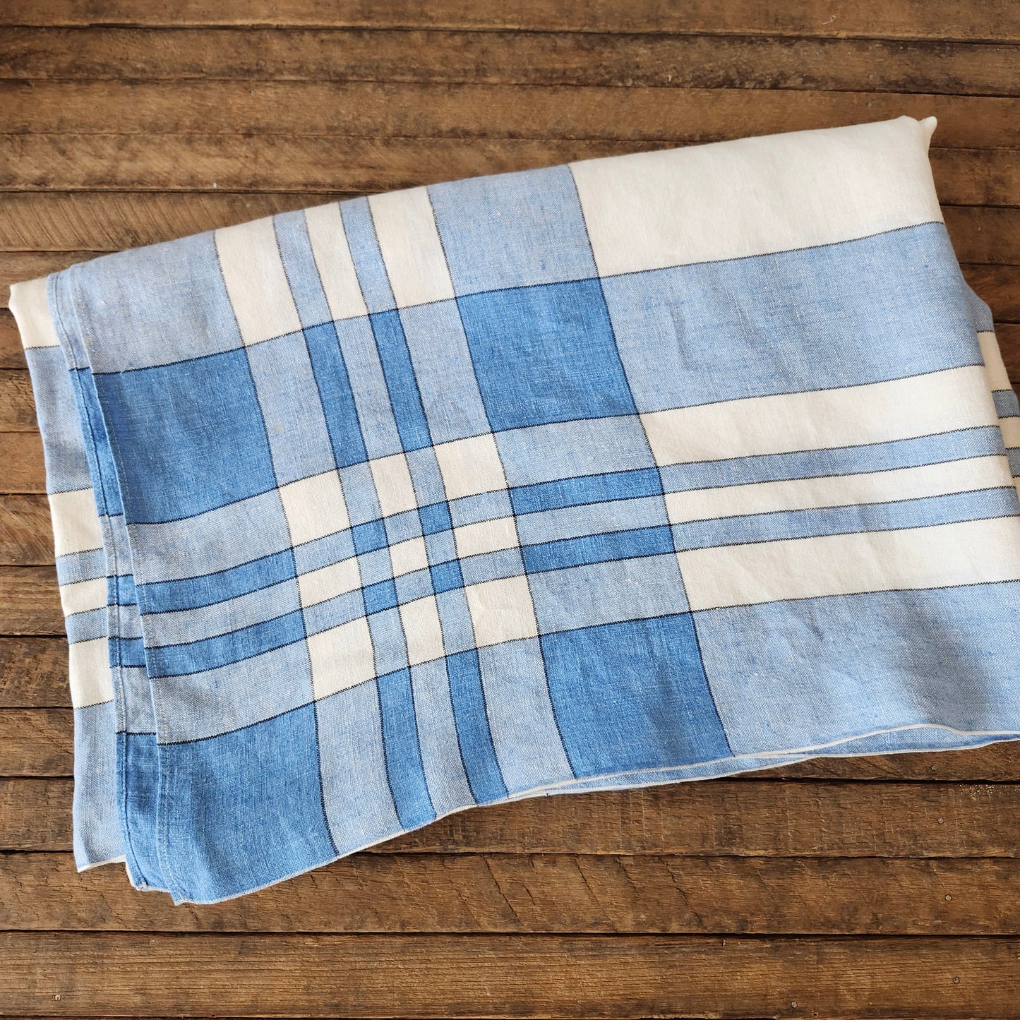 Blue and White Plaid Vintage Tablecloth
