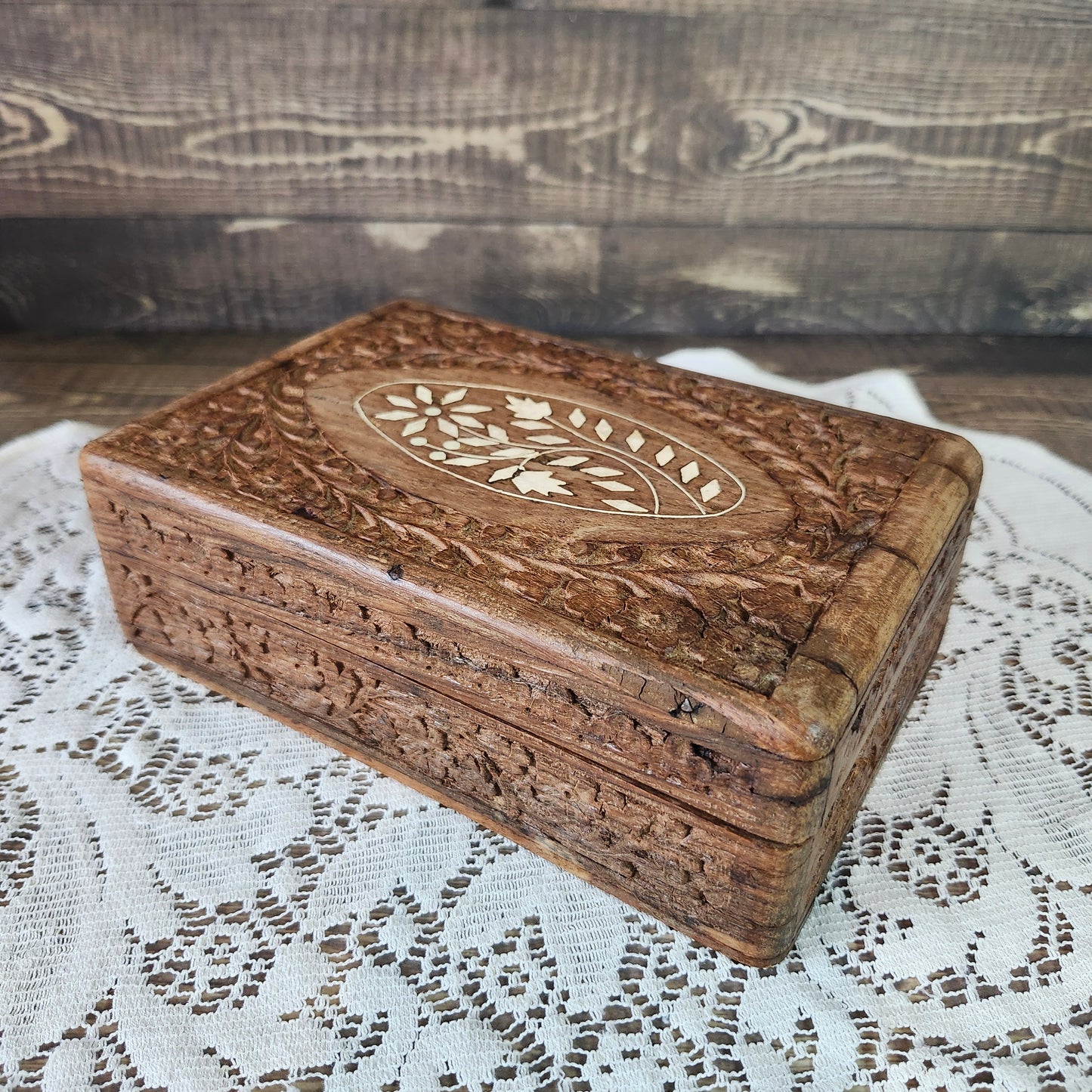 Carved Wood Box with Lid Inlay