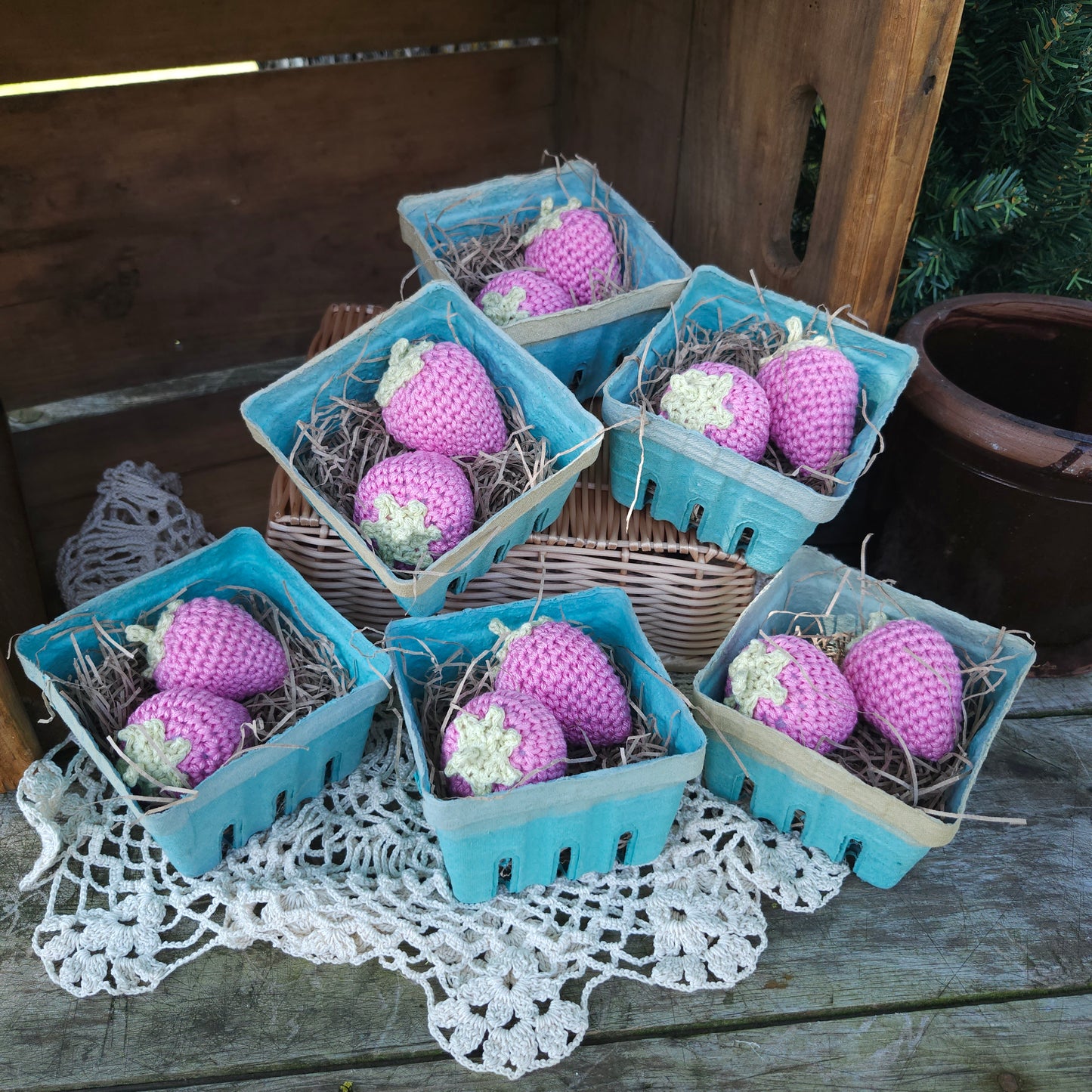 Set of 2 Handmade Crochet Strawberries in a Pint Basket, home decor, kitchen decor, farmhouse