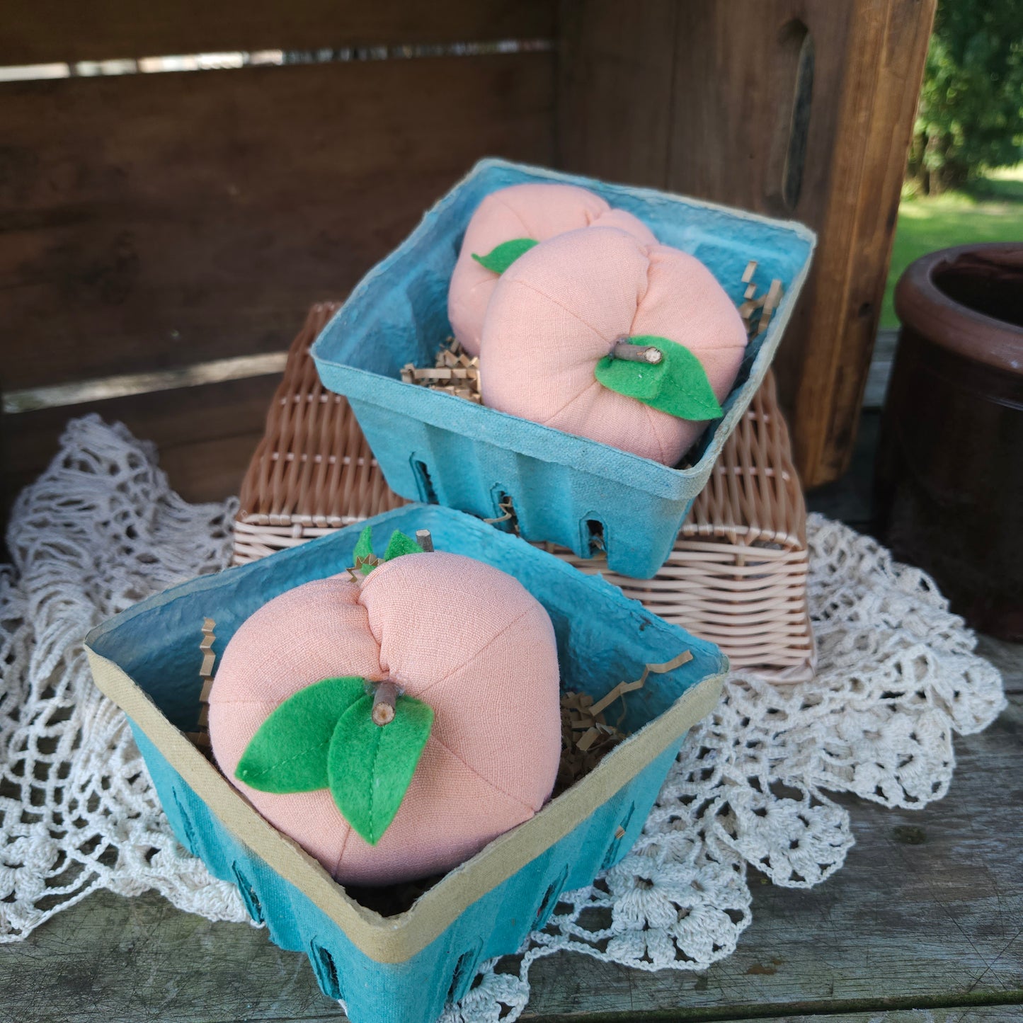 Set of 2 Handmade Fabric Peaches in a Quart Basket, vintage linens, summer decor, farmhouse