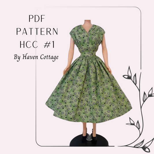 HCC #1 PDF Pattern for 11 1/2" female fashion doll, gathered bodice dress with inset waist