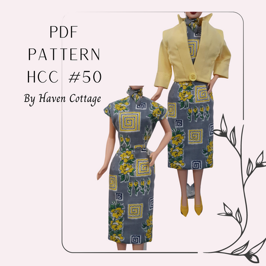 HCC #50 PDF Pattern for 11 1/2" female fashion doll, dress with neck scarf and jacket