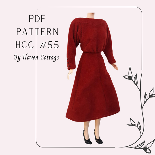 HCC #55 PDF Pattern for 11 1/2" female fashion doll, yoked boatneck dress with raglan sleeves and 4 gore skirt