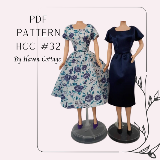 HCC #32 PDF Pattern for 11 1/2" female fashion doll, simple dress with front dart ruching