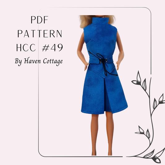 HCC #49 PDF Pattern for 1:6 female fashion doll, semi fitted dress with collar and yoked, pleated skirt