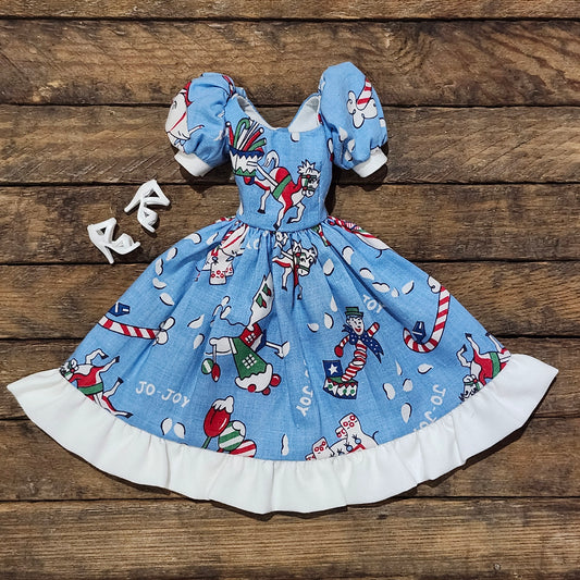 Blue and White Christmas Dress for 11 1/2" female fashion dolls